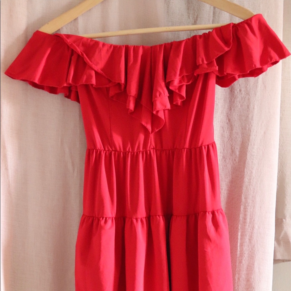 Red Bouncy Off The Shoulder Knee Length Dress